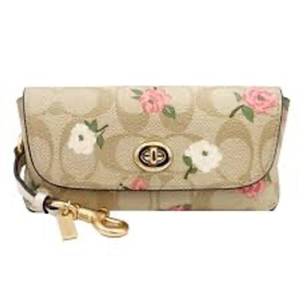 Coach Signature Floral Rose Print Turnlock Wristlet Khaki Pink Gold Hardware